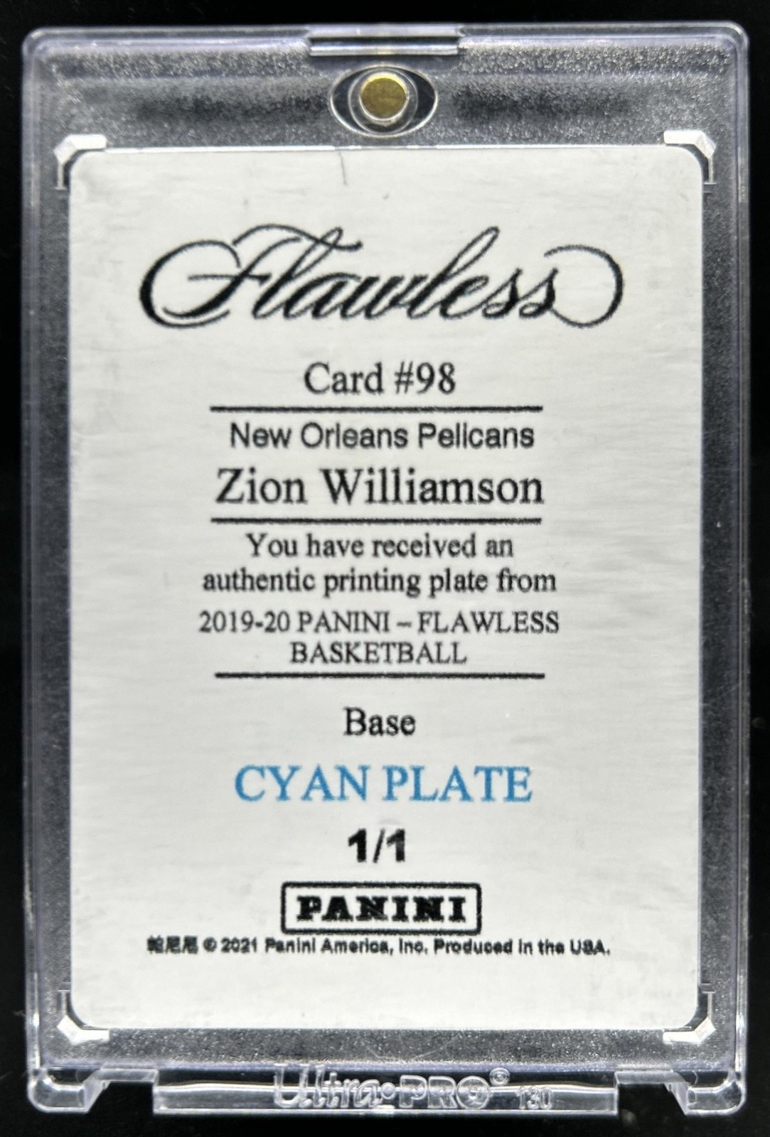 2019-20 Panini Flawless Zion Williamson Cyan Printing Plate Rookie RC #1/1 view 2