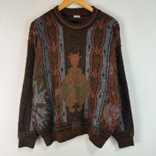 90s Vintage Knit Sweater ITALY All-over pattern Retro Loose Size L Brown