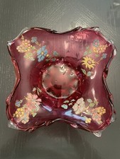 Murano Red Glass Pedestal Vase Hand-Painted Floral