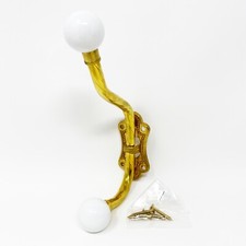 VTG Brass Wall Mount Hat Coat Towel 2 Hook Hanger Porcelain White Knobs MCM NEW 