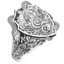 925 Sterling Silver Snake with Dragon Shield Ring Viking Norse Jewelry