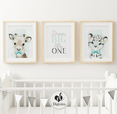 Baby Boy Nursery Wall Art Prints Dream Big little one, Baby Animal