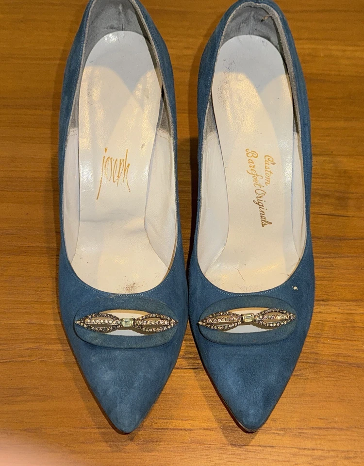 Zapatos de salón de vestir Rockabilly puntiagudos de colección talla 7,5 años 50 swing danza cuero azul gamuza años 60 Foto 2 de 4