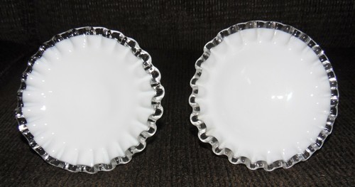 Vintage Fenton White Milk Glass Silver Crest Ruffled Candlestick Holder Set of 2 - Picture 3 of 6