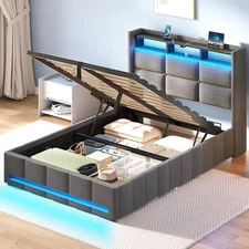 Bed Frame Twin Size with Lift up Storage, Charging Station & LED Lights, Upholst