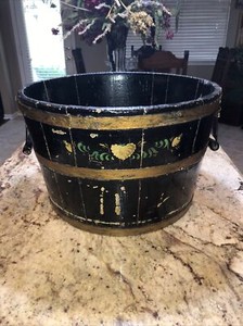 Antique Large Primitive American Stenciled Peat Bucket