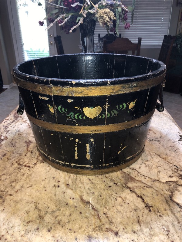 Antique Large Primitive American Stenciled Peat Bucket
