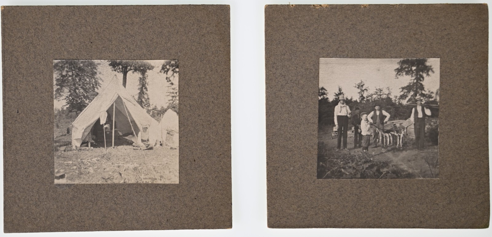 CIRCA 1900s 2 MOUNTED BOARD PHOTOS OF FAMILY FISHING CAMPING TRIP UNMARKED