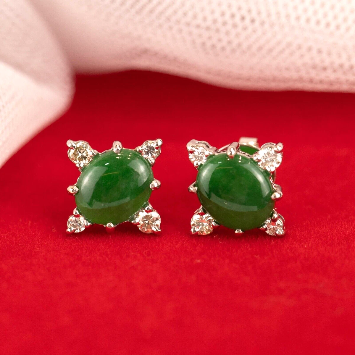 SALE 3.37 CTW Jade w .48 CTW Diamond Earrings 18k White Gold E941