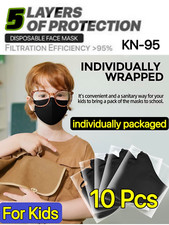10Pcs Black KN95 Face Mask 5 Layer Protective BFE 95 Disposable Kids Respirator