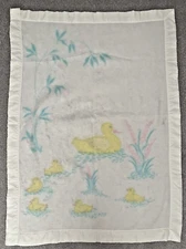 Vtg JCP Toddletime Baby Blanket Cream Acrylic Satin Trim Mama Duck & Ducklings