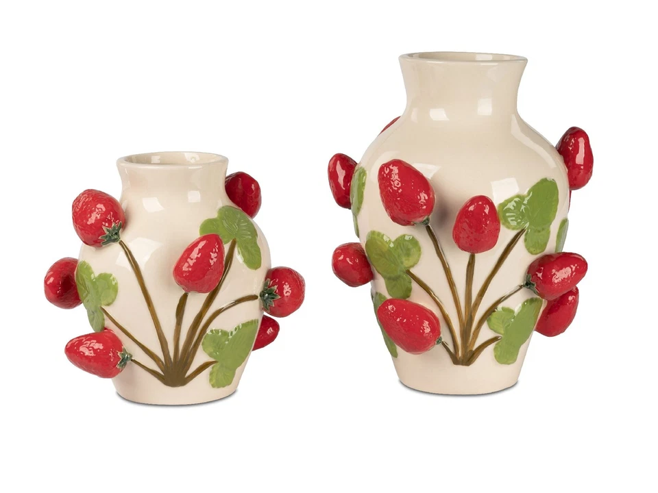2er Set Dekovasen ERDBEEREN rund H. 22+ 25cm creme rot aus Keramik Formano