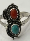 Vintage Sterling Silver Native American Navajo Coral Turquoise Ring Size 7.5