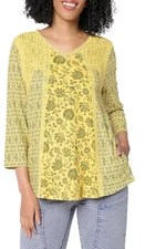 LOGO Lavish by Lori Goldstein Women's Cotton Printed Pieced Top Teak