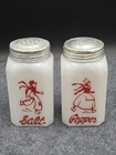 Vintage Hazel Atlas Dutch Skater Salt & Pepper Shakers Milk Glass White Red