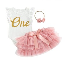 Baby Girl First Birthday Outfit One Fly Sleeve Romper and Tutu Skirts Set wit...