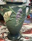 Roseville 1945 Vintage Pottery Vase 121-8 Green with White and Lav Flowers 8” H