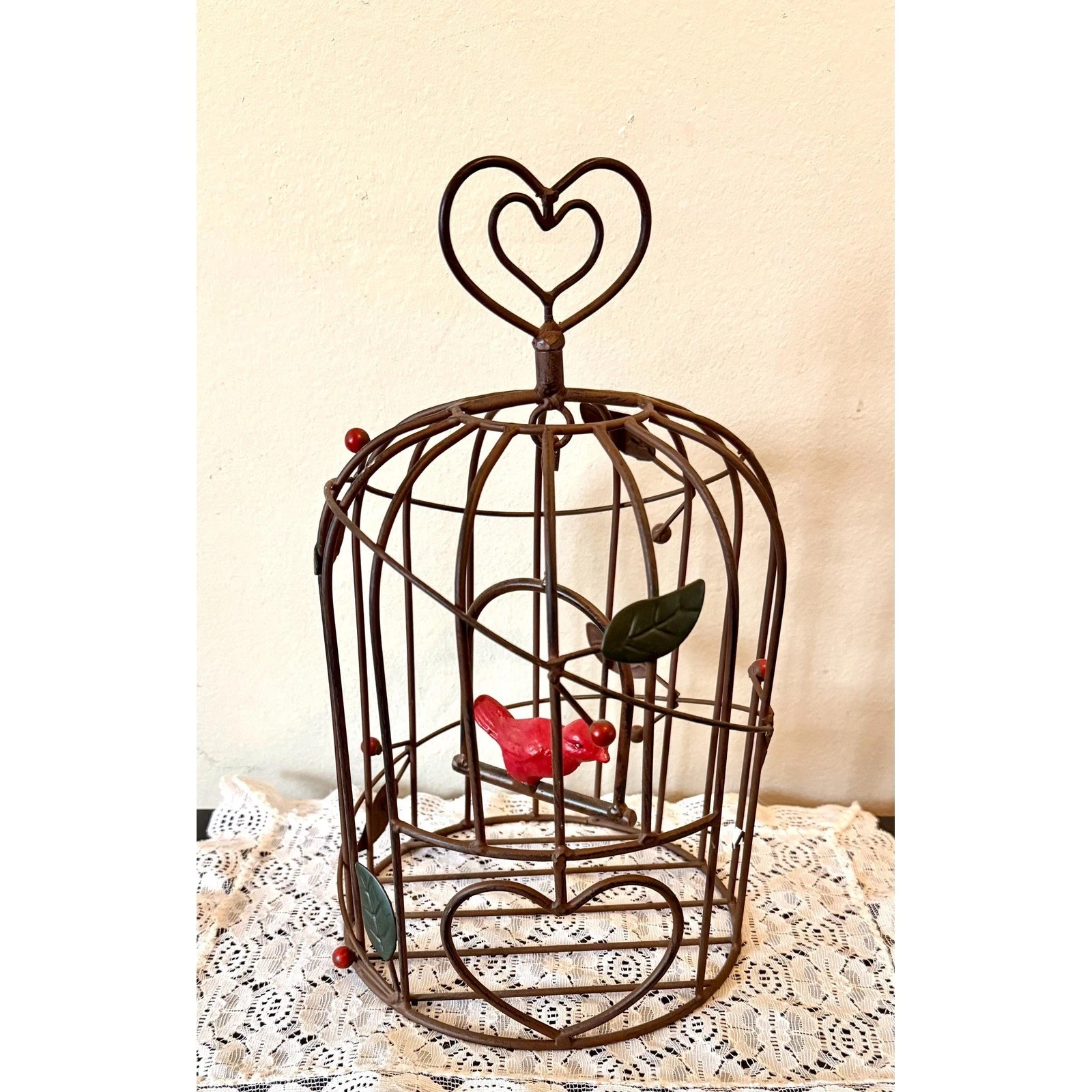 Vintage decorative metal birdcage leaves, berries and cast iron bird 12.5"x6"