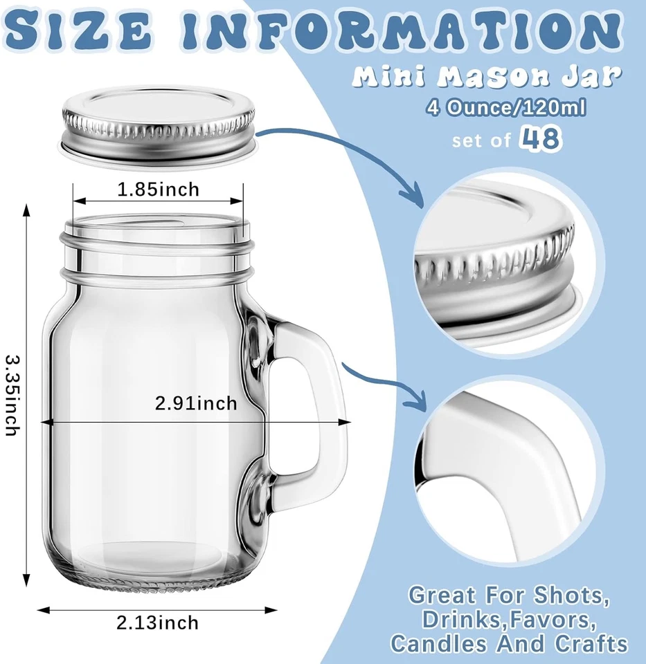 Tessco 48 piezas 4 oz mini tarro de albañil tazas con asas y tapas plateadas para fiesta hágalo usted mismo Foto 3 de 4