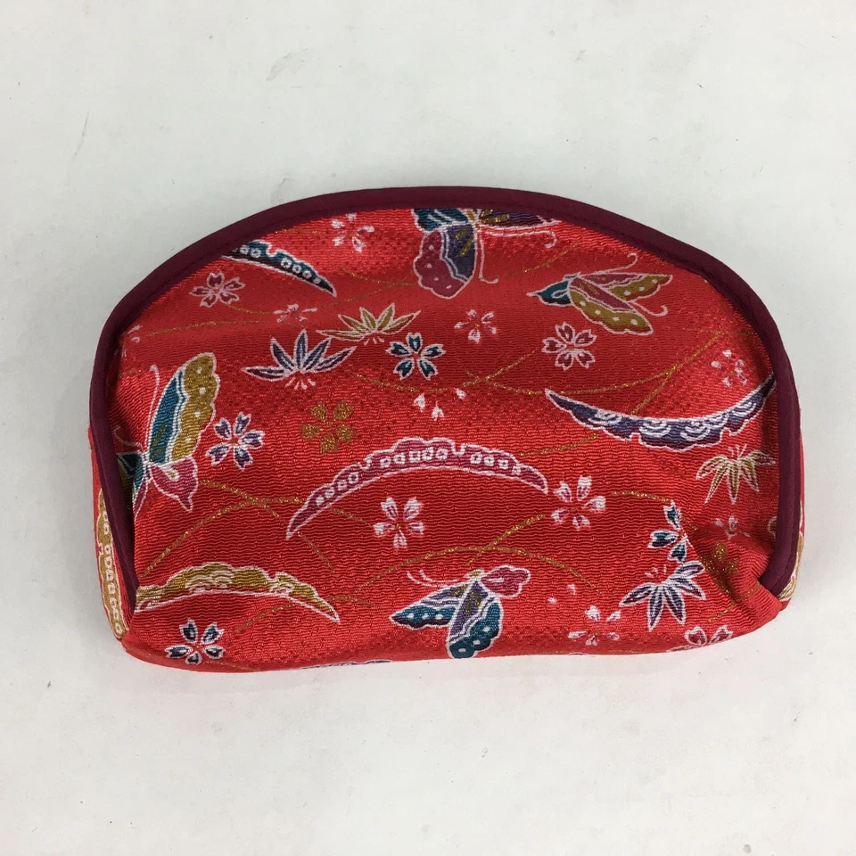 Bolsa de tela japonesa de colección flor roja mariposa cremallera kimono Fukuro KB42 Foto 2 de 4