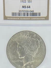 1922 Peace Silver Dollar MS64 NGC Brown Label
