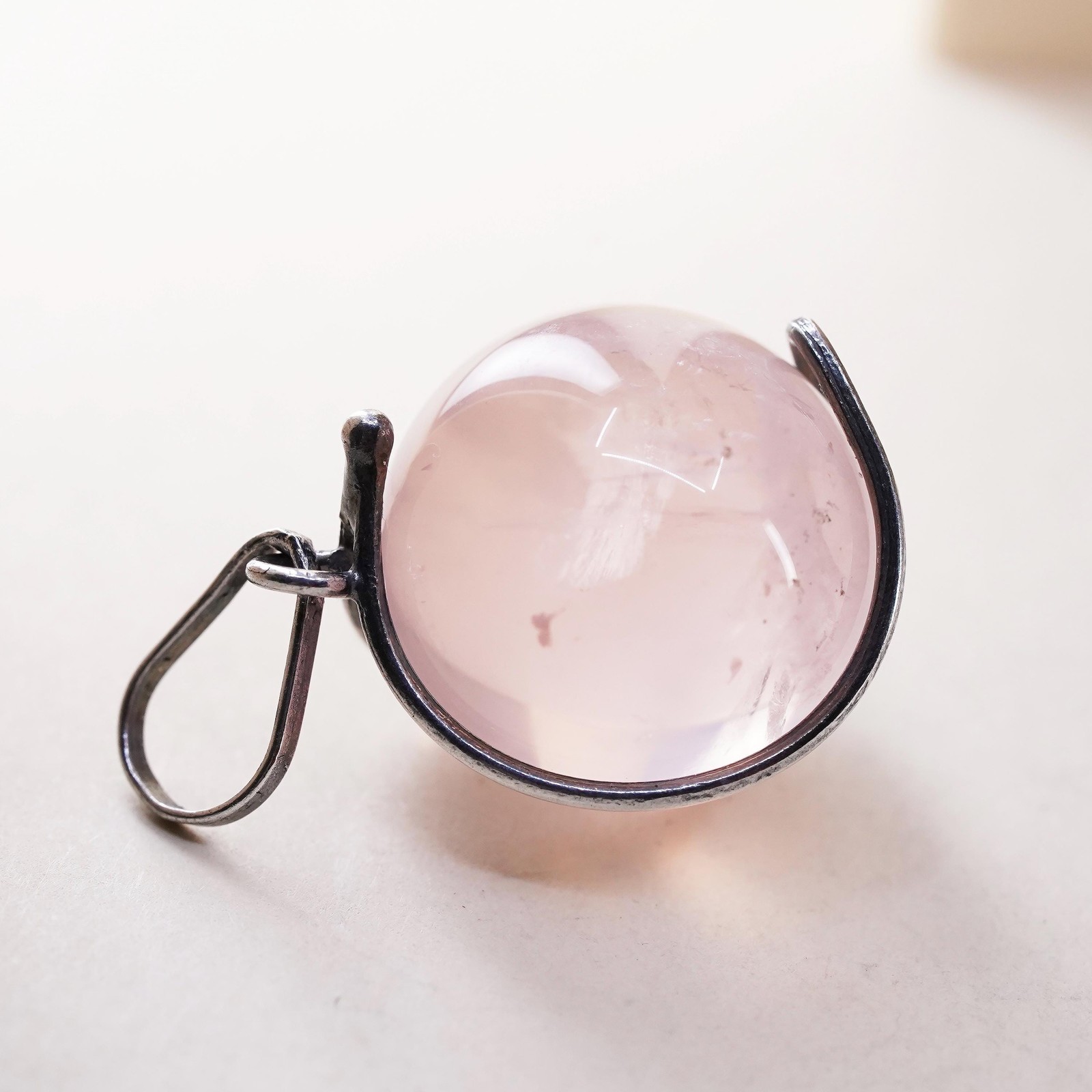 VTG handmade sterling silver charm, solid 925 silver pink quartz bead pendant