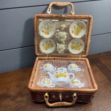 Child's Miniature Ceramic Tea Set in Wicker Picnic Basket Fall Pumpkind VTG RARE