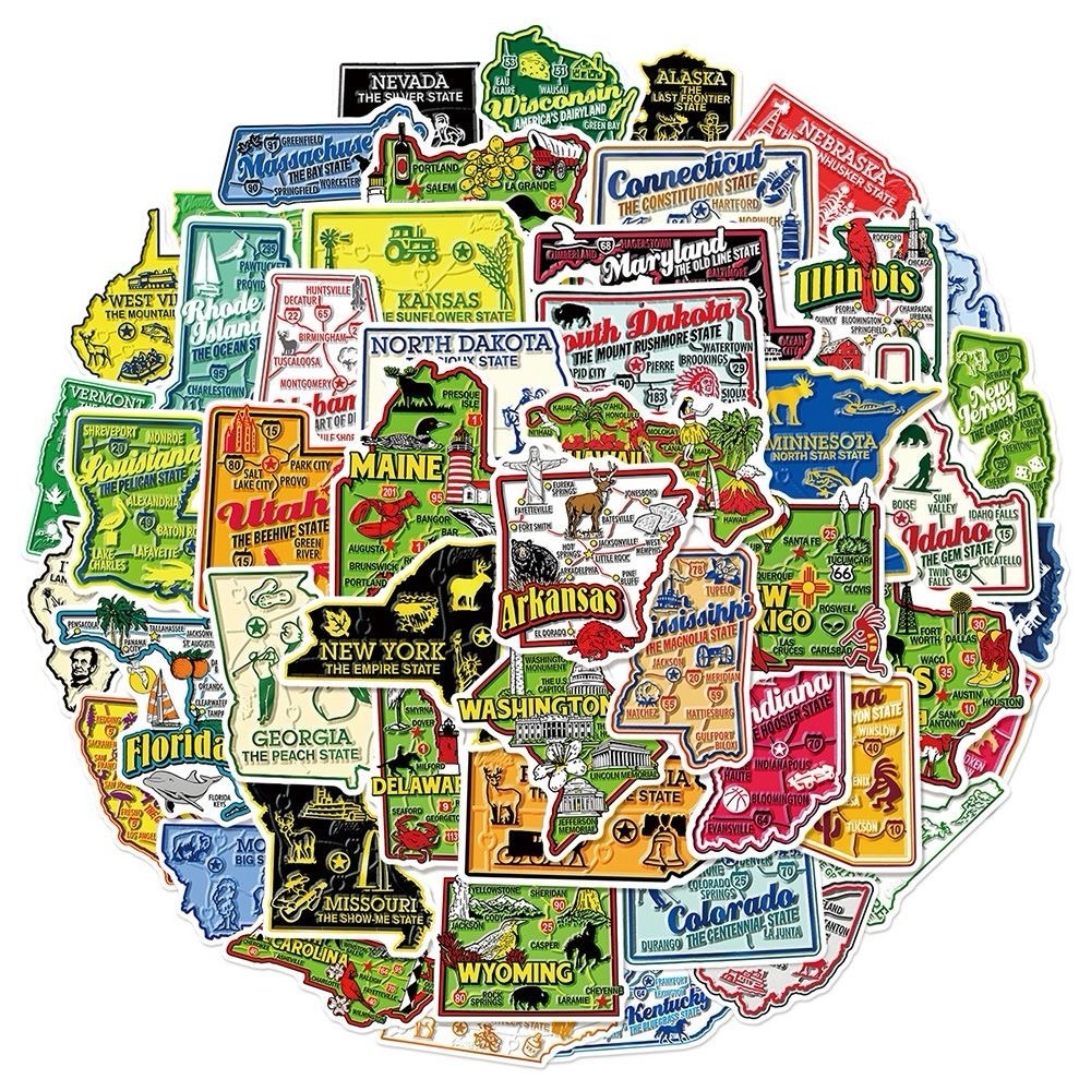 25Pcs Random Cool Vintage Aesthetic American State Travel Map Waterproof Sticker
