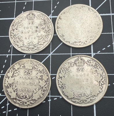 Group of 4 Canada Sterling Silver Quarters 25c - 1916, 1919, 1916, Dateless