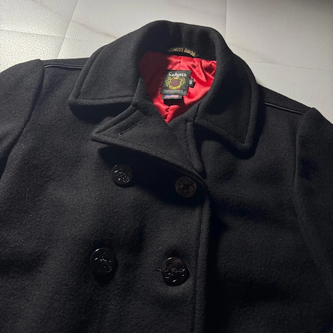 Abrigo SCHOTT 740C2 Pea Lana Azul Marino Rojo Forro Auténtico de Japón