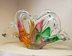 Murano Lavorazione Art Glass Napkin Letter Holder Trinket Dish Green Pink Swirl
