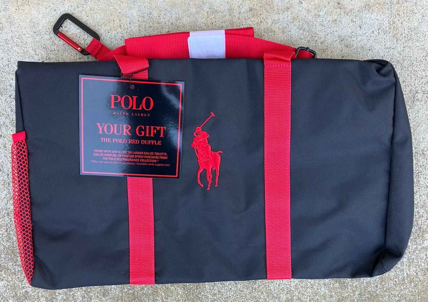 Borsa da viaggio RALPH LAUREN FRAGRANCE tela pony la polo borsone rosso nero rosso NUOVO