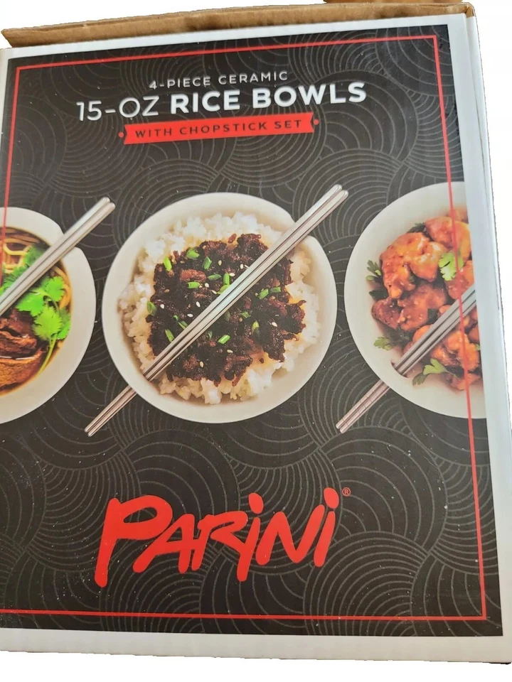 Tazones de arroz y palillos de acero inoxidable esmaltados de cerámica Parini de 15 oz cantidad 4 Foto 3 de 4