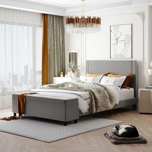 Marcos de cama de plataforma tapizados tamaño queen con cama de almacenamiento otomana para niños adultos Foto 2 de 4