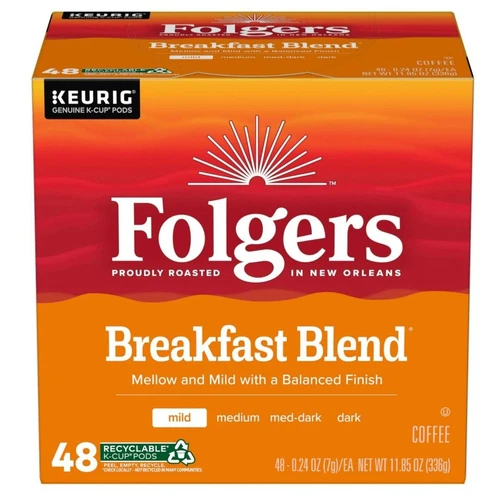 2 Box Folgers Breakfast Blend, Light Roast Coffee, Keurig K Cup Pods, 48 Count - Picture 1 of 5
