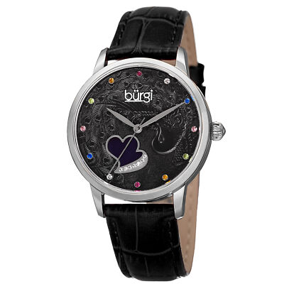 Women's Burgi BUR149BK Peacock Dial Mother of Pearl Heart Nulled Crystal Watch