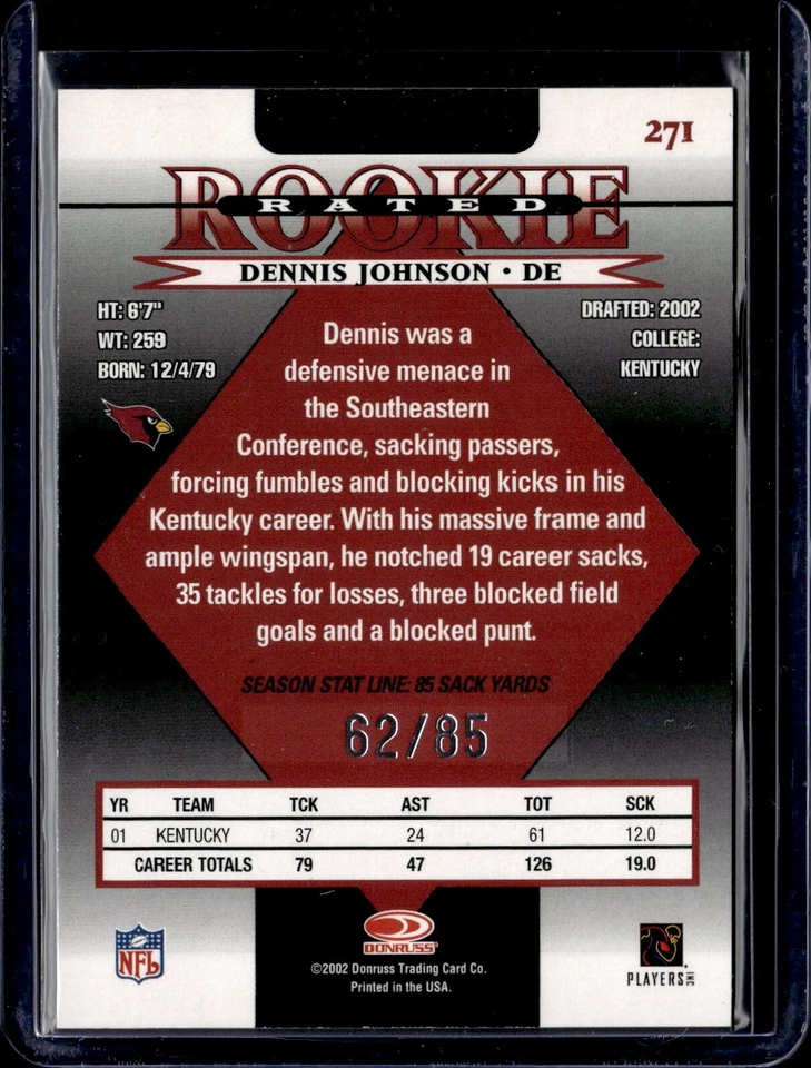 2002 Donruss #271 Dennis Johnson Rated Rookie Season Stat Line /85 - Image 2 of 2