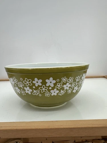 Vintage Pyrex 403 Green Spring Blossom Crazy Daisy 2 1/2 Quart Mixing Bowl READ