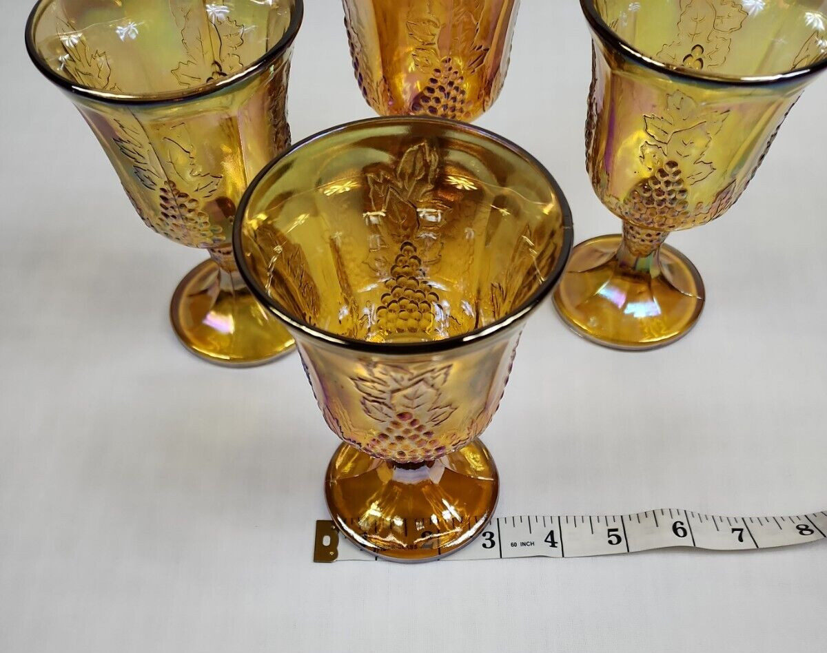 Vintage Gold Iridescent Indiana Carnival Glass Goblet Harvest Grape Set Of 4