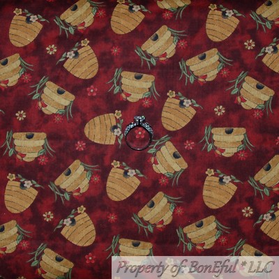 BonEful Fabric FQ Cotton Quilt Red Yellow Gold Bumble Bee Hive Farm Market Food