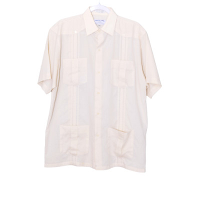 Principe De Gales Short Sleeve Button Down Shirt Collard Neck White Men Size M