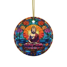 Buddha Stained Glass Style Ceramic Ornament, AI Art, Decor to Hang/Shelf Display