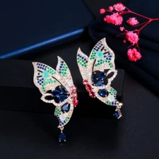Butterfly Drop Dangle Earring Yellow Gold Plated CZ Blue Charming Bridal Jewelry