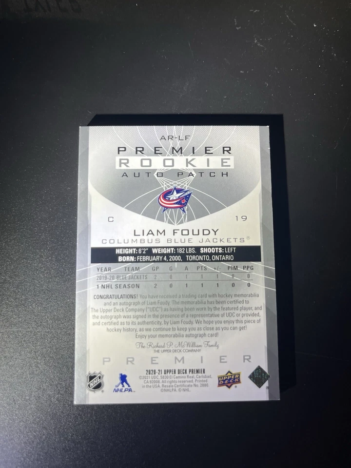 Liam Foudy 2020-21 Upper Deck Premier Rookies Patch Auto 148/149 - Image 2 of 3