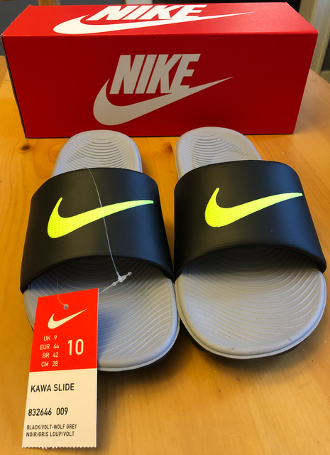 Nike Kawa Slides Sandals size 10 Logo Swoosh Just Do It Black / Volt / Wolf Grey | eBay