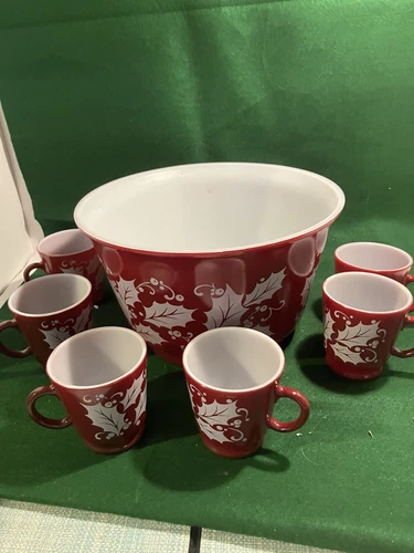 Vintage Hazel Atlas Christmas Burgundy Holly Egg Nog Glass Punch Bowl + 6 Mugs