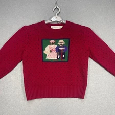 VTG The Eagles Eye Sweater Womens 38 Red Wool Knit Teddy Bear Couple Cottagecore