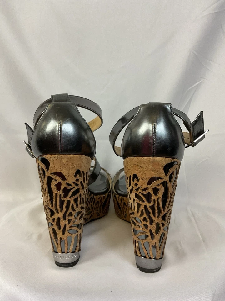 Jimmy Choo Portia 120. Corcho perforado cuero espejado antracita talla 38,5/8,5 Foto 2 de 4