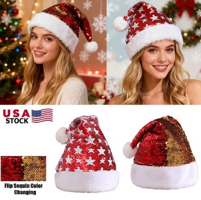 Christmas Hat Red Flip Sequin Color Changing Cap Xmas Custome Gift Santa Hat US