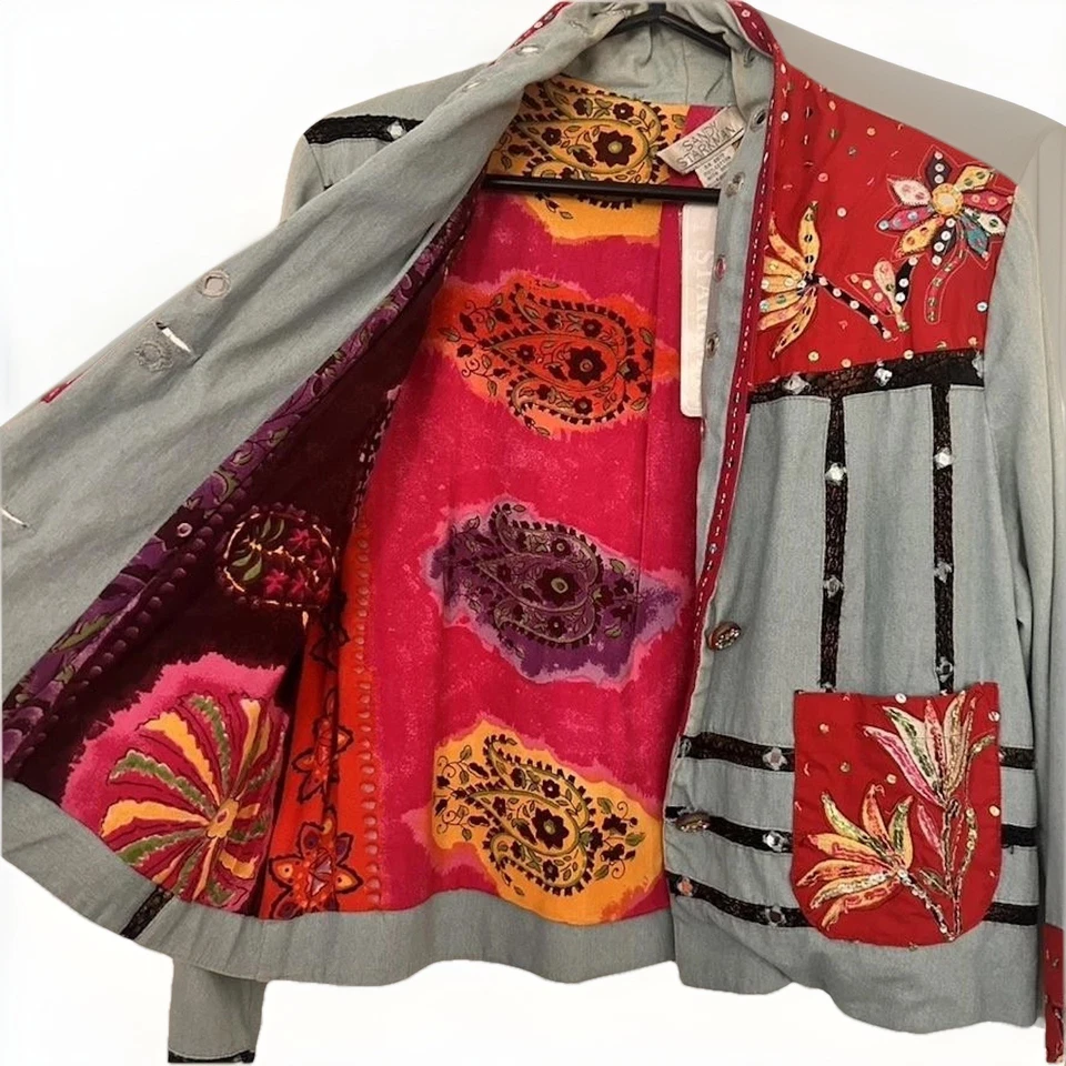 Sandy Starkman Jacket Womens Small Embroidered Floral Patchwork Sequin Boho Foto 3 de 4